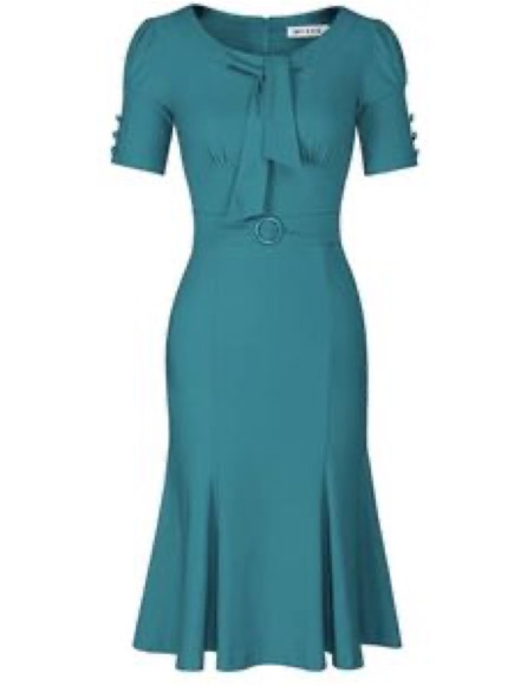 Vintage-Inspired Teal Midi Dress with Waist Belt